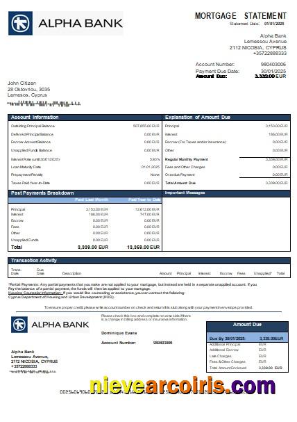 Cyprus Alpha Bank mortgage statement